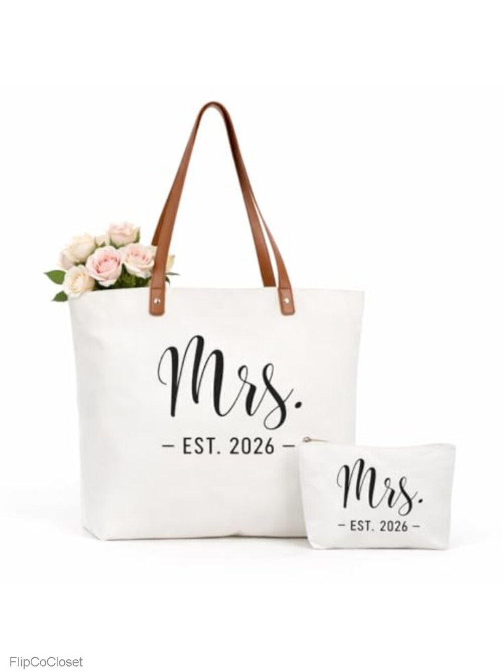 Canvas Tote Bag with Zipper Vegan Leather Handles Bridal Shower Gift